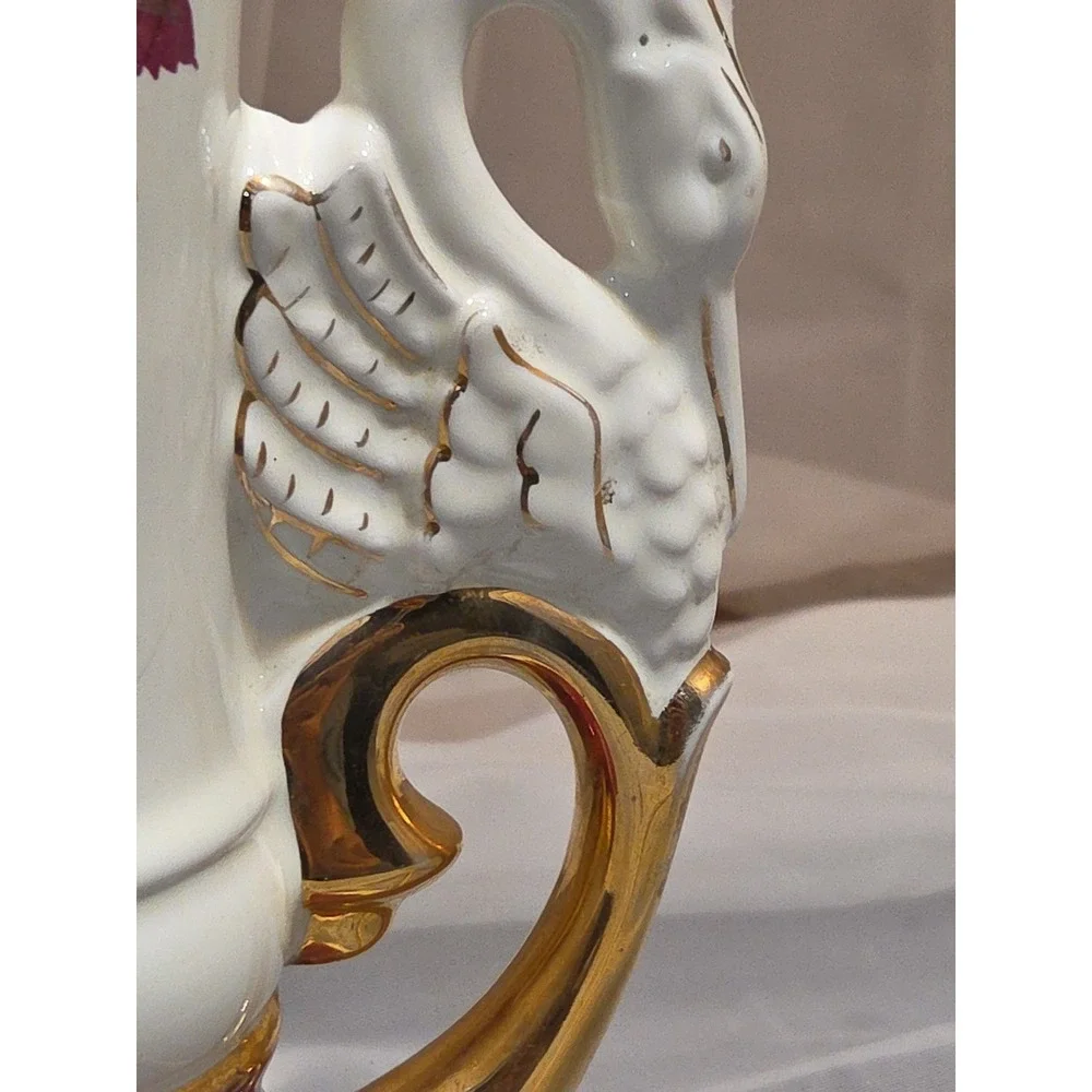 Victorian Style Lamp Worrall Roses Swans Gilded Ceramic 1940s Signed  Wescal Wrk